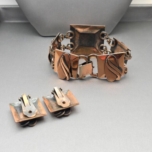 VTG Copper Square Panel 7" Bracelet & Clip On Earrings Set Oval Wave Design - Picture 4 of 7